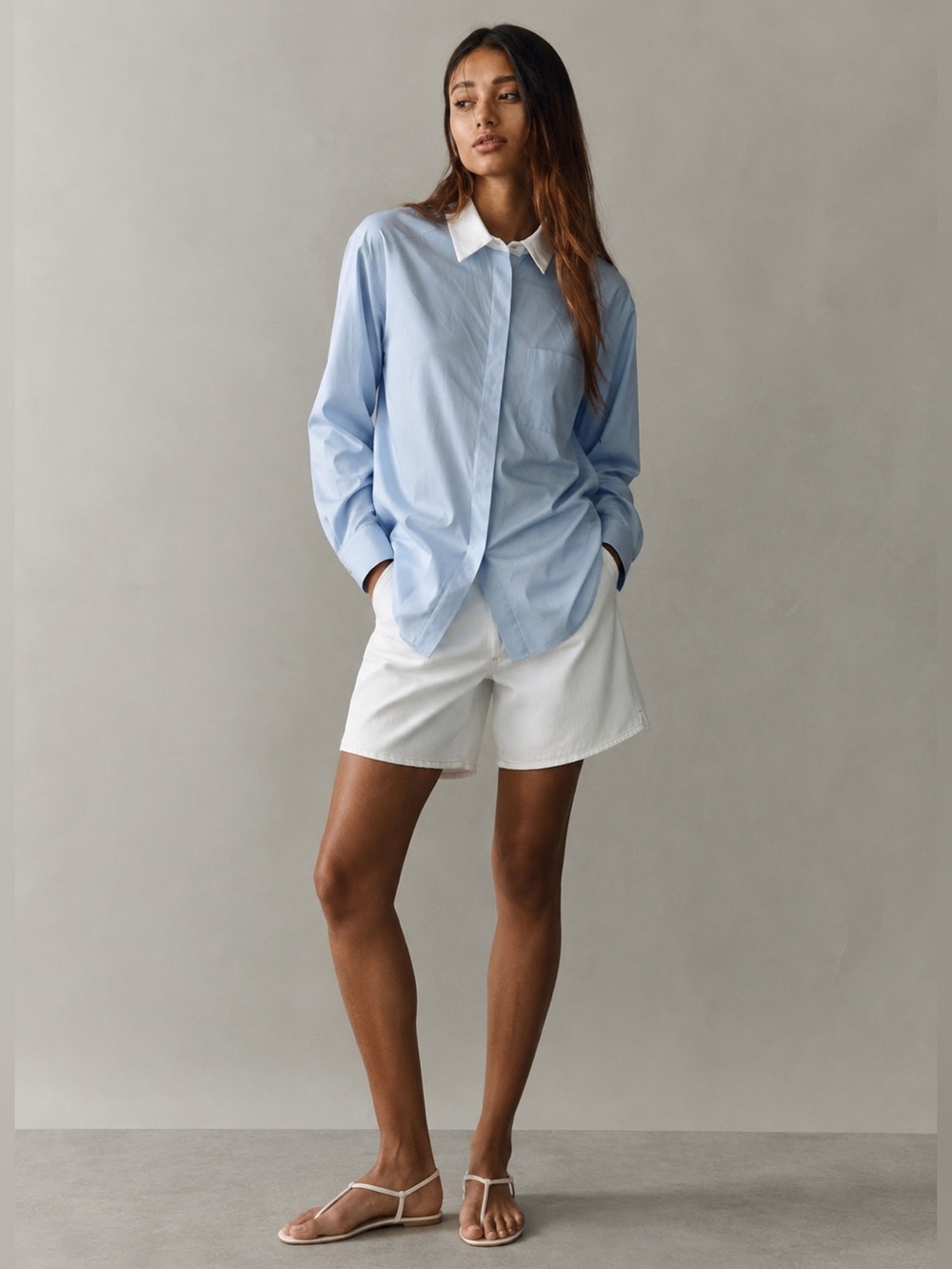 NWT Marella Light Blue Cotton Button-Up Shirt White Contrast Collar Oversized